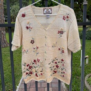 Vintage Tiara beige knit short-sleeve cardigan with embroidered floral design